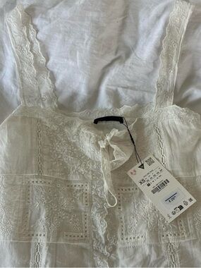 Zara White Lace-Trim Embroidered Tank Top